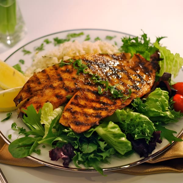 Grilled fish with rice, fresh green salad, lemon wedges, and cherry tomatoes on a white plate.