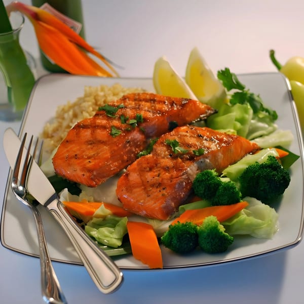 Two grilled salmon fillets with rice, broccoli, carrots, and lemon wedges on a white plate.